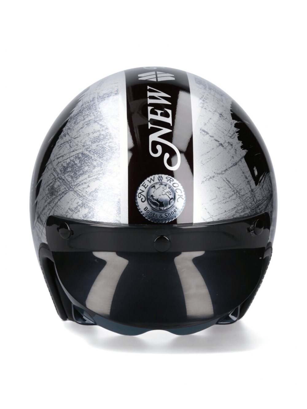 Silver vintage-style NEW ROCK open-face biker helmet with bold graphic design and click buckle closure.