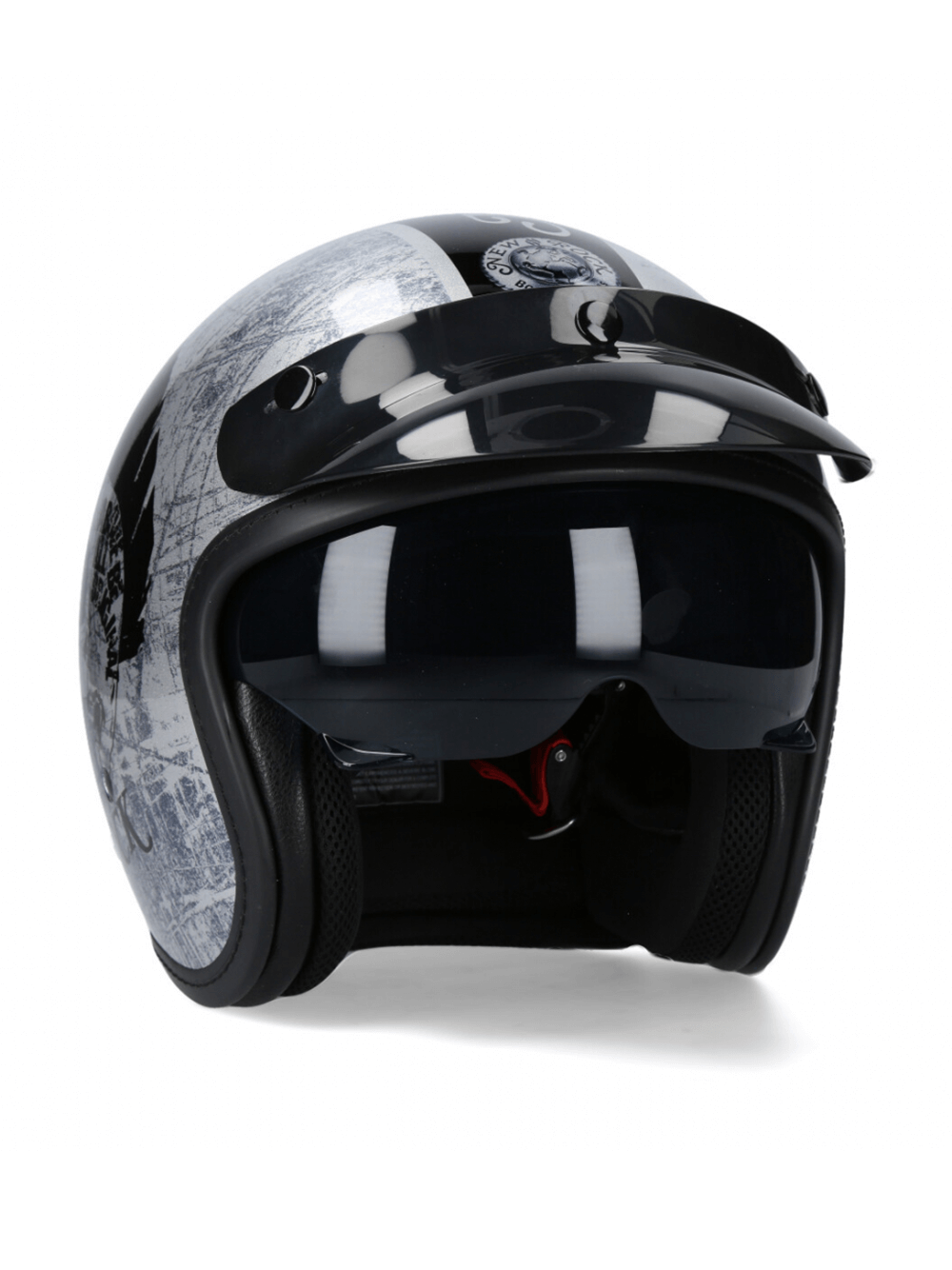 NEW ROCK silver vintage-style biker helmet with open face and click buckle closure, perfect for urban riders.