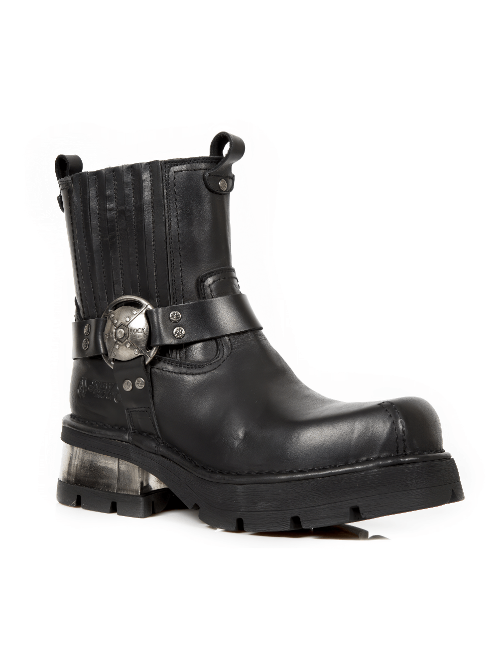 Men's black leather biker ankle boots with a stylish buckle and robust rubber sole, perfect for rugged looks.