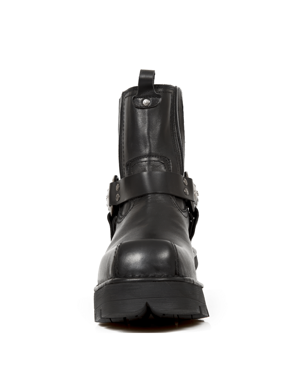 Front view of NEW ROCK Men's Black Leather Biker Ankle Boot with strap and durable sole.