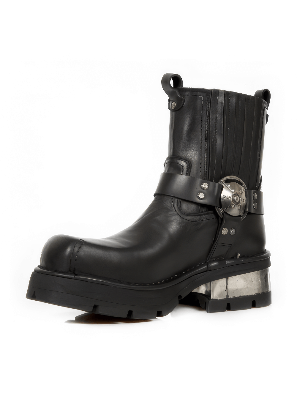 Men's black leather biker-style ankle boots with a strap and metallic heel, perfect for a rugged look.