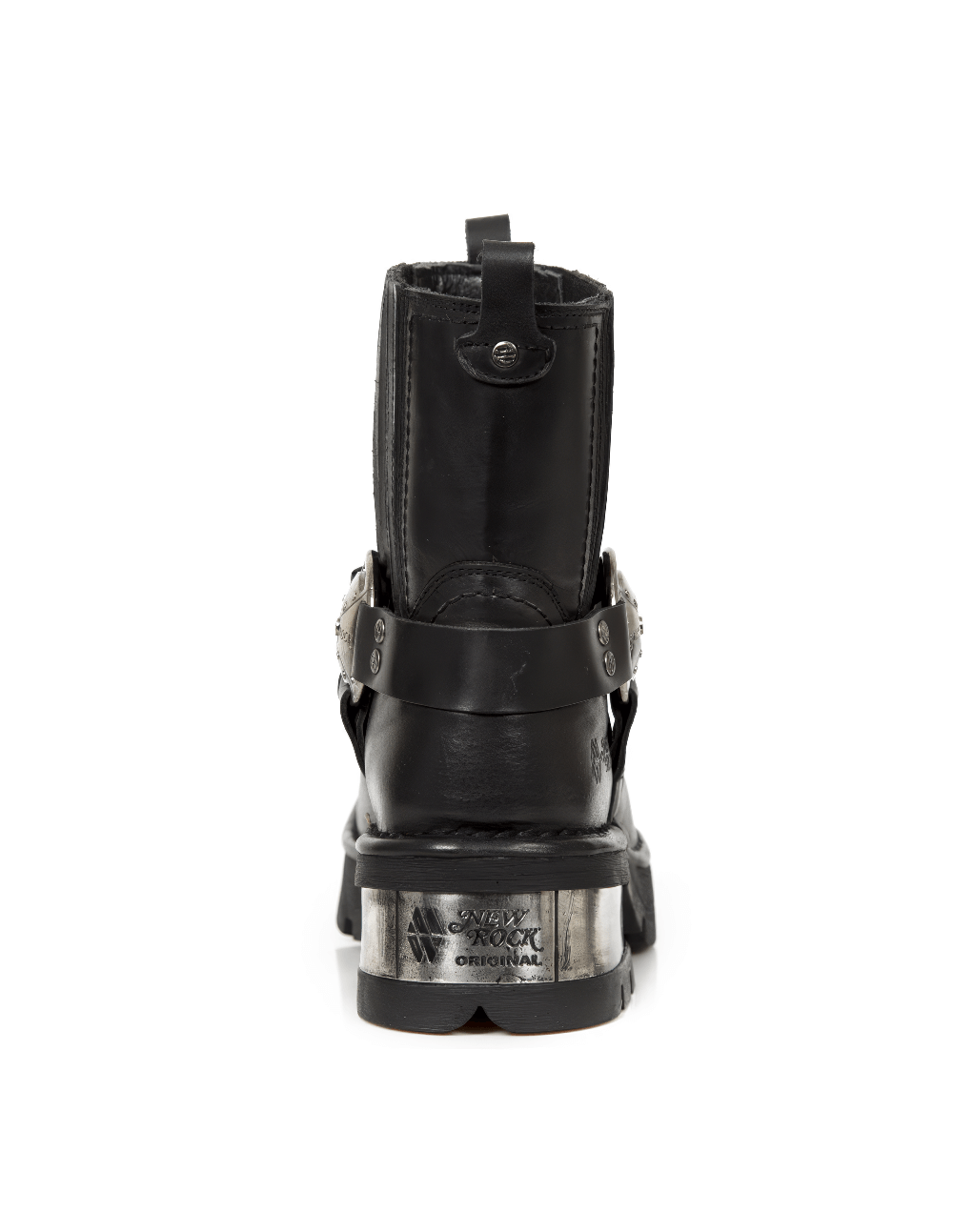 Back view of NEW ROCK men's biker style black leather ankle boots with silver detailing and sturdy sole.
