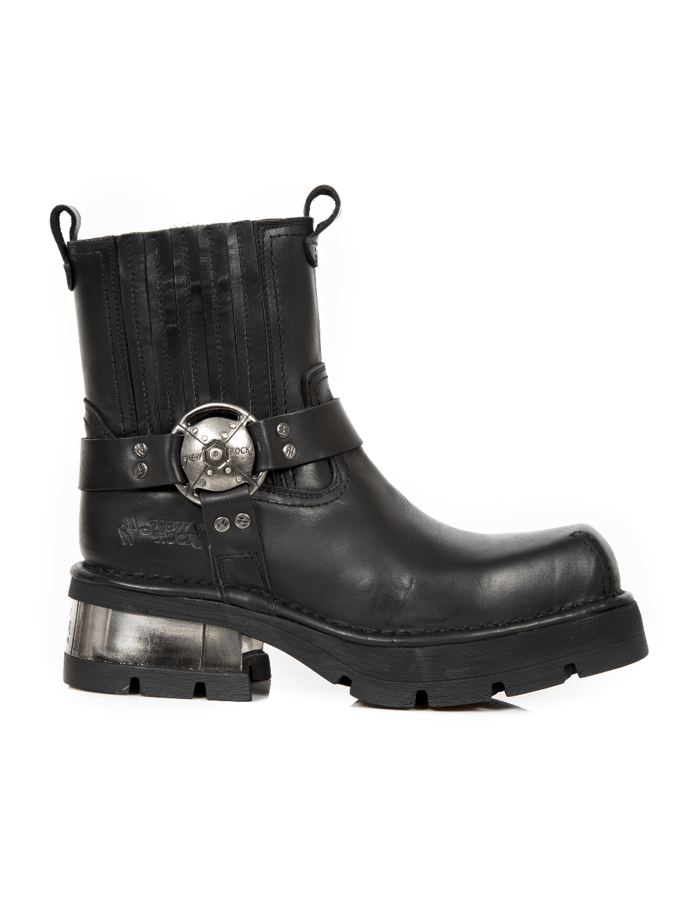 Men's rugged biker style black leather ankle boot with metallic detailing and robust design.