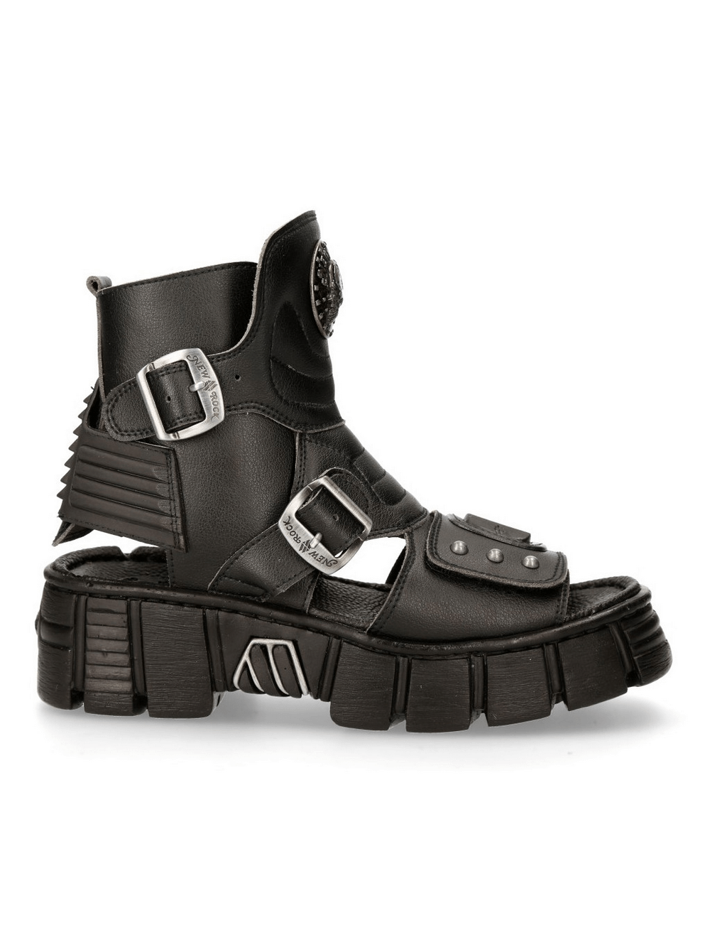 NEW ROCK Bio Black Tower Sandals with buckle details and a chunky sole, perfect for bold Gothic footwear enthusiasts.