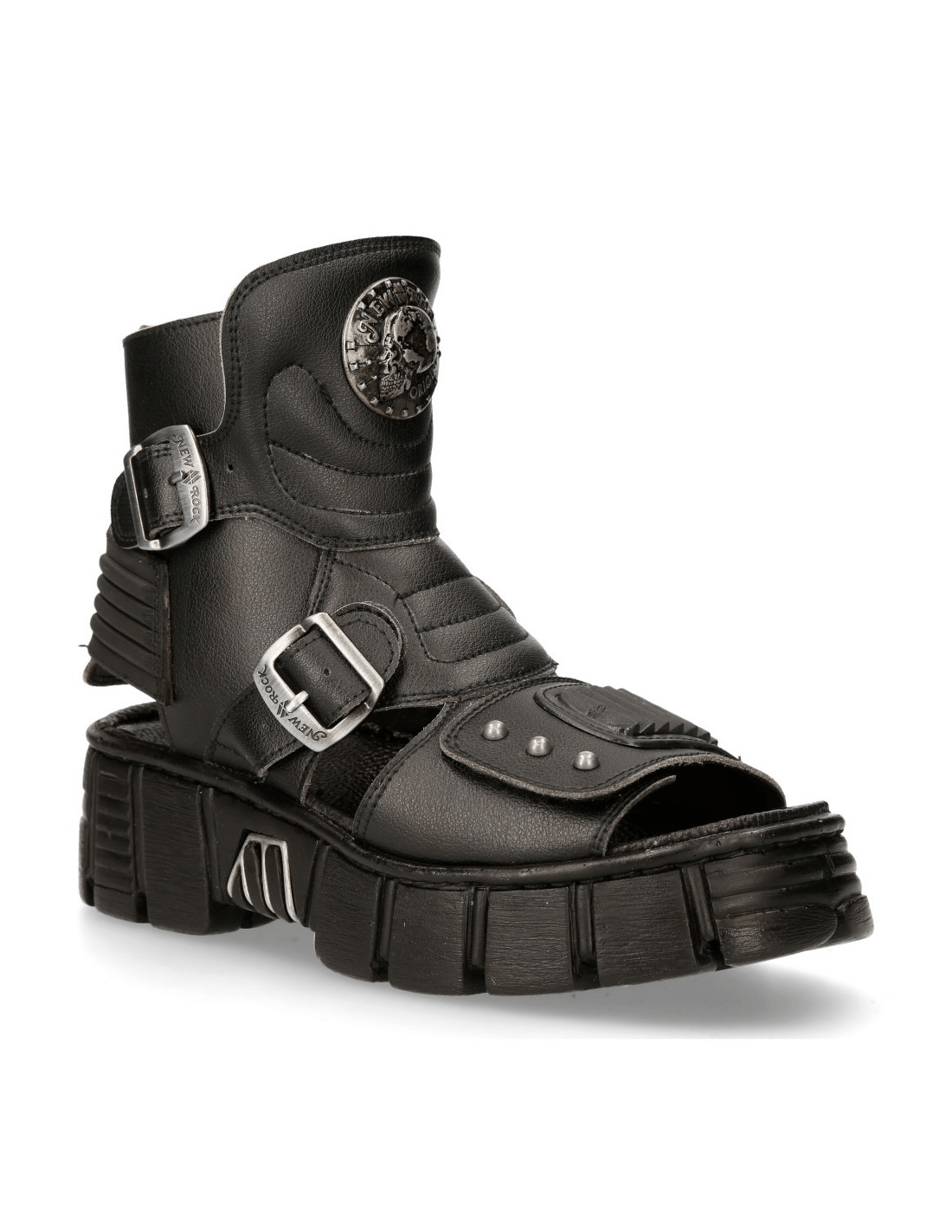 NEW ROCK Men's Bio Black Tower Sandals featuring gothic style, Velcro clasp, and a bold synthetic design.