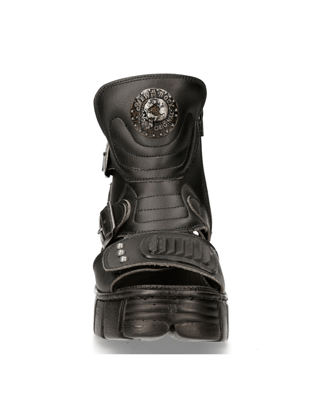 Front view of NEW ROCK Men's Bio Black Tower Gothic Sandals featuring stylish straps and a bold design.