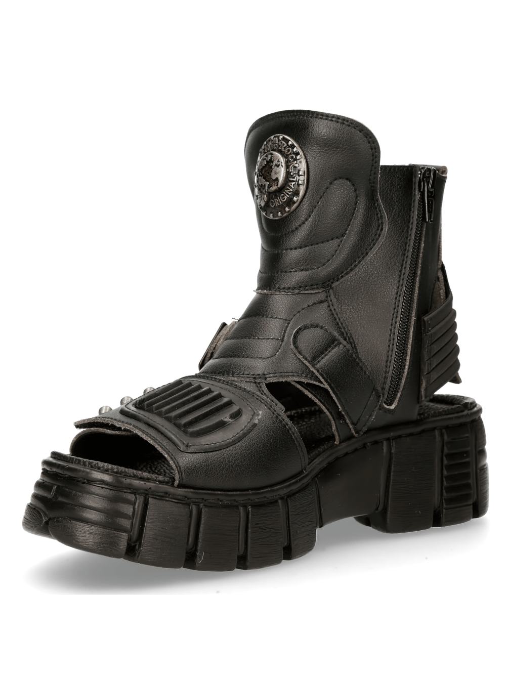 NEW ROCK Men's Bio Black Tower Sandals, Gothic style with Velcro clasp and chunky sole for bold, edgy fashion.