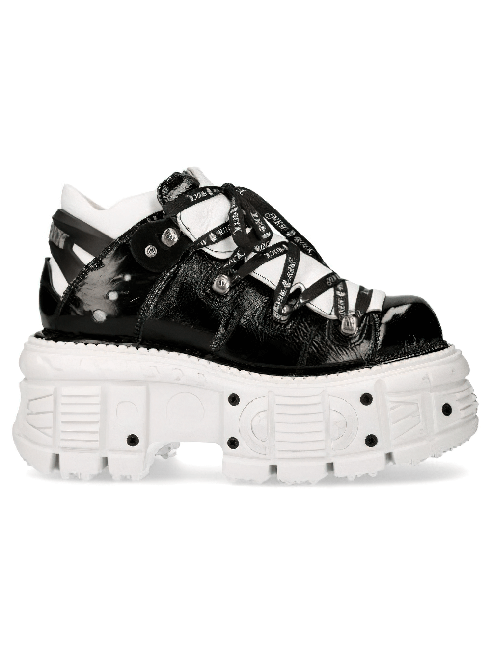 NEW ROCK black and white platform rock boots with laces, gothic punk leather footwear, chunky sole style.