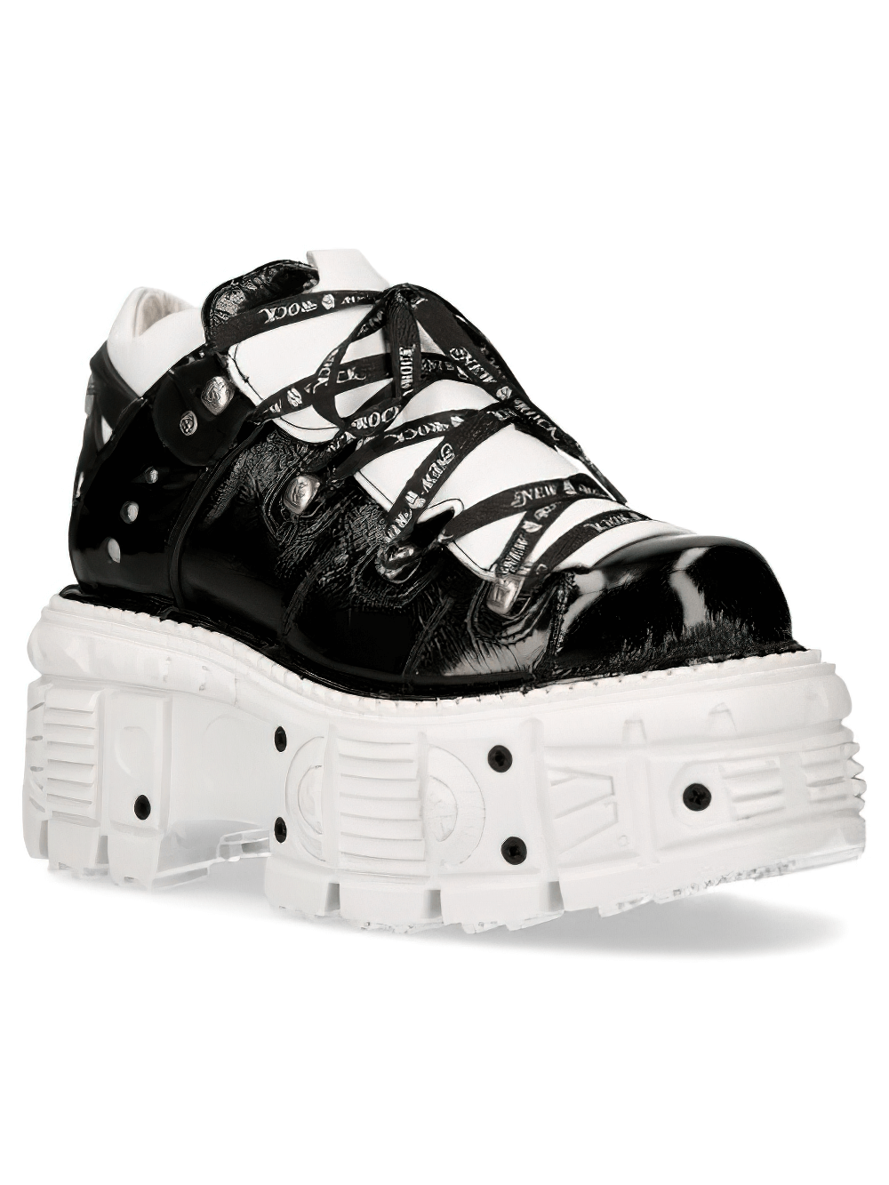 NEW ROCK black and white platform rock boots featuring lace-up closure and chunky sole for gothic punk style.