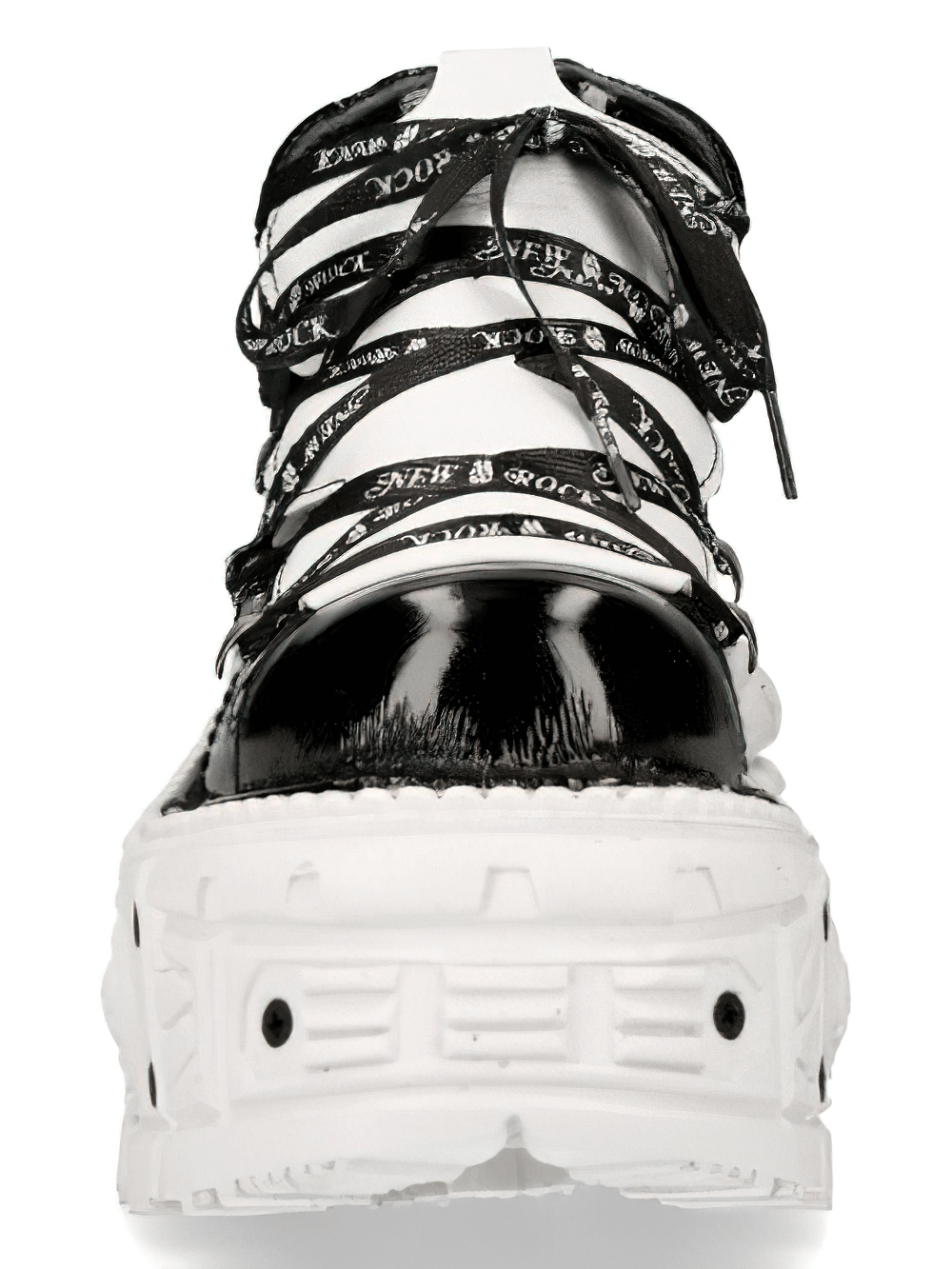 NEW ROCK black and white platform rock boots with laces, showcasing signature two-tone punk style and chunky sole.