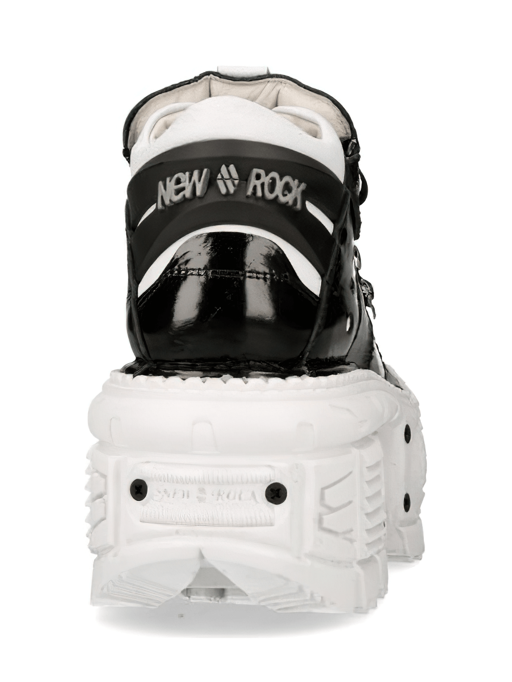 Back view of NEW ROCK black and white platform rock boots with lace-up design and chunky sole.