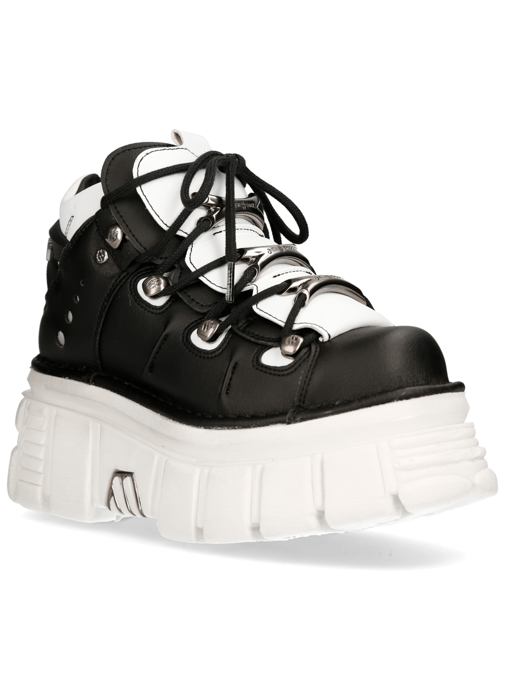 NEW ROCK Black and White Punk Rock Lace-Up Boots with eco-vegan platform design, perfect for bold fashion statements.