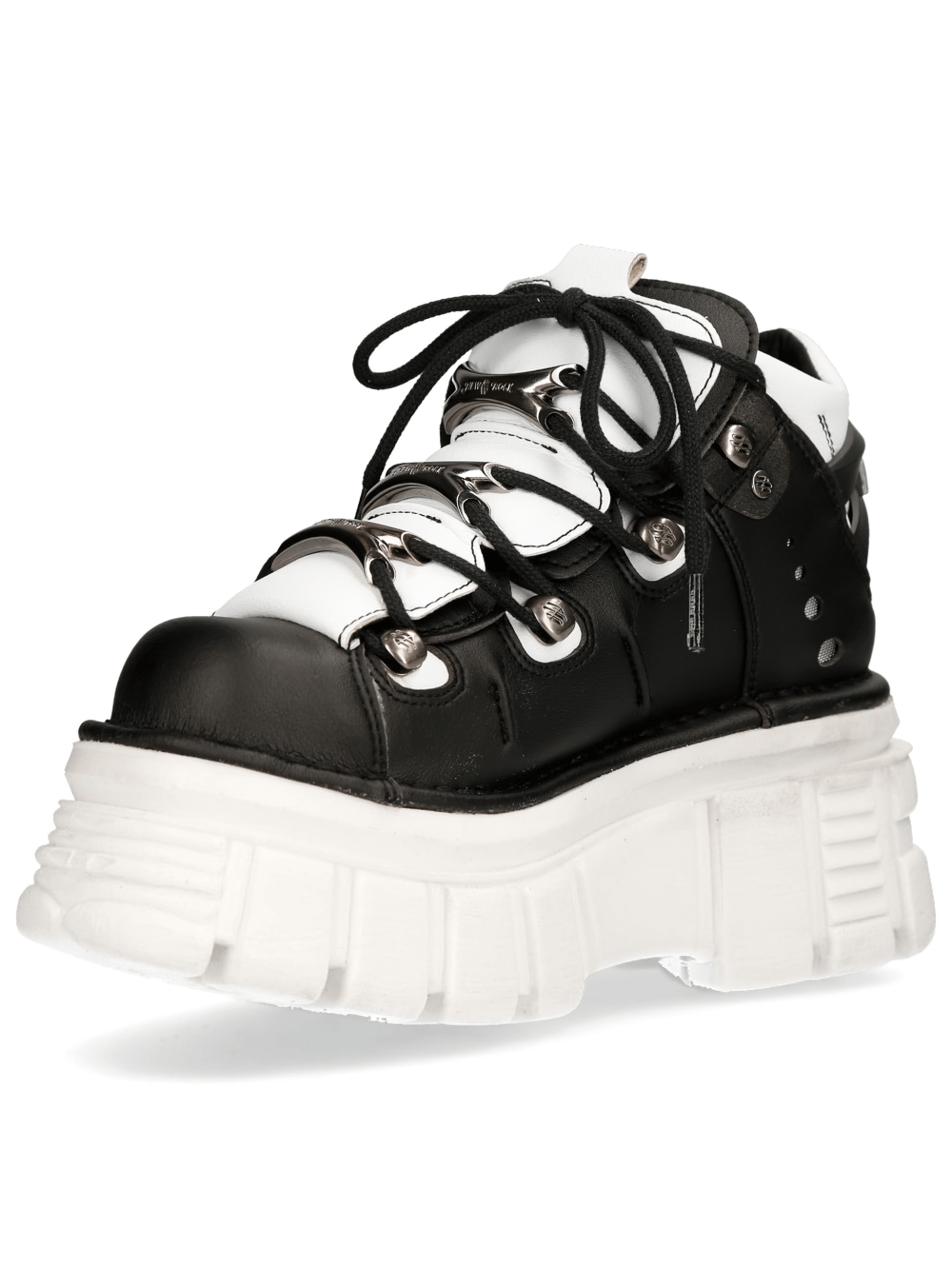 NEW ROCK Black and White Punk Rock Lace-Up Boots with eco-vegan materials and durable PU-Ultra sole, stylish and edgy.