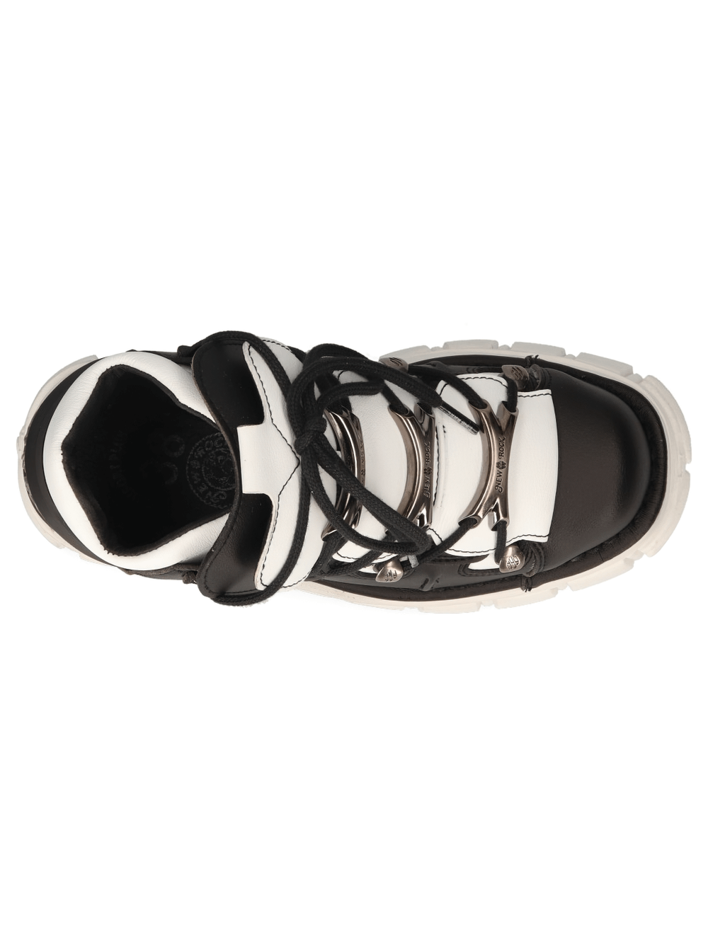 Top view of NEW ROCK eco-vegan black and white punk rock lace-up ankle boots with stylish chunky sole.