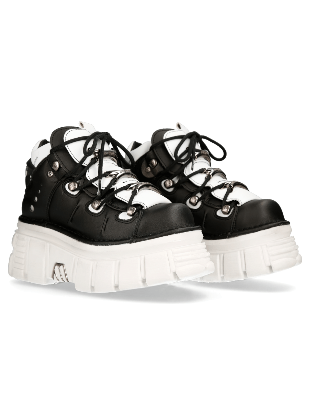 NEW ROCK Black and White Punk Rock Lace-Up Ankle Boots with eco-vegan materials and striking platform design.