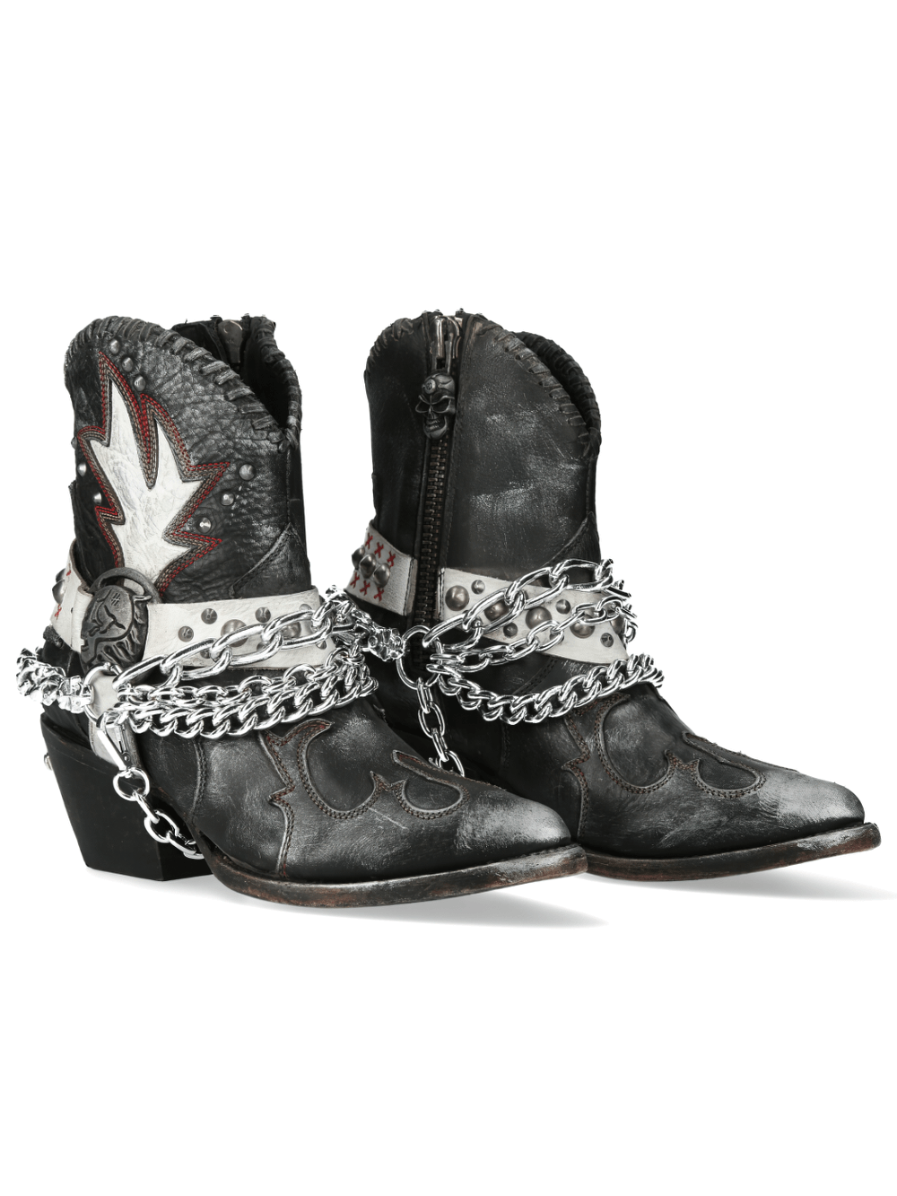 NEW ROCK Black and White Western Biker Boots with Chains