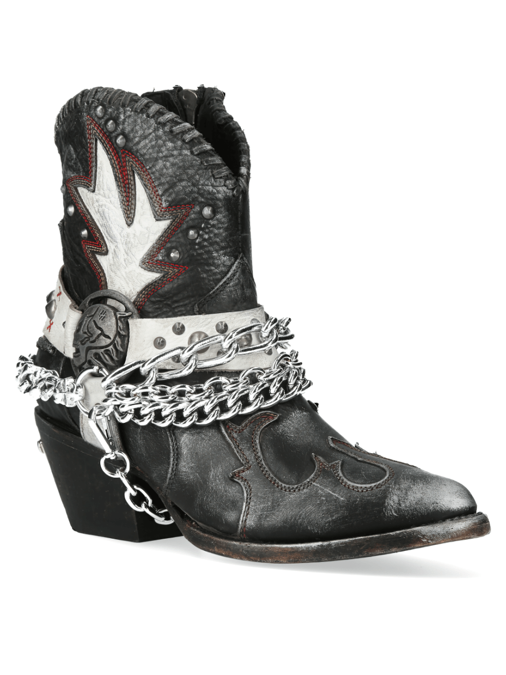 NEW ROCK Black and White Western Biker Boots with Chains