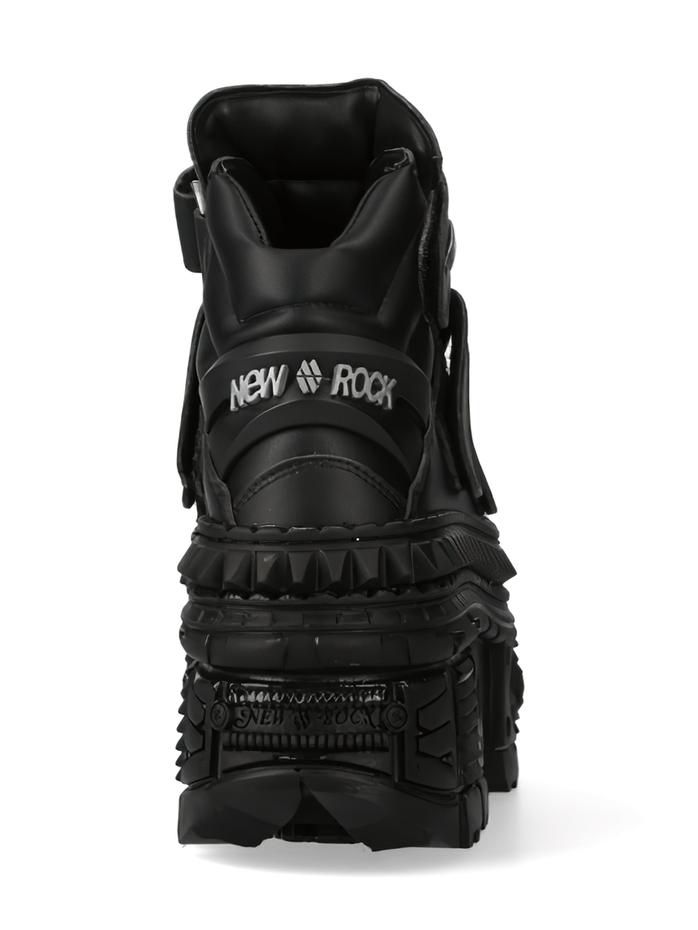 Back view of NEW ROCK black ankle boots with chunky sole and metallic detail, showcasing punk rock style.