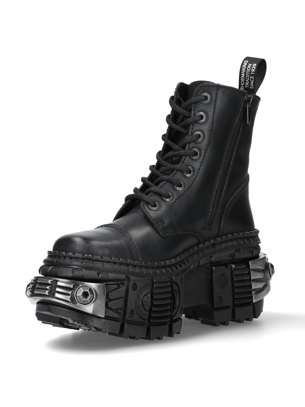 NEW ROCK industrial black ankle boots with metallic gears design and lace-up closure for trendy urban looks.