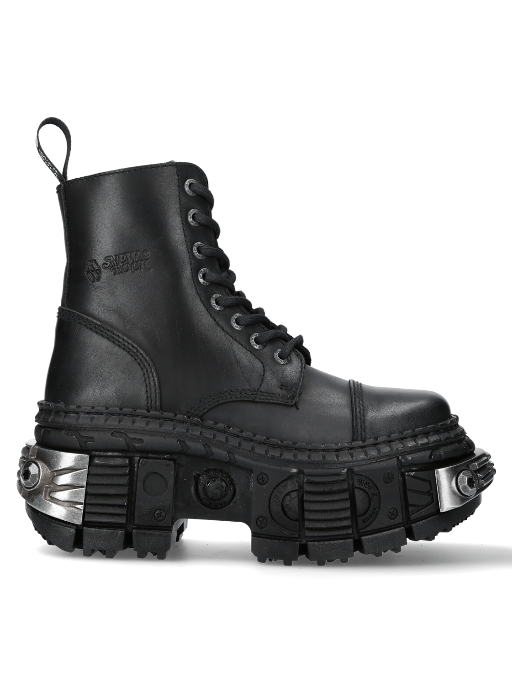 NEW ROCK black ankle boots with metallic gears, lace-up design, industrial style, genuine leather for urban and rock fashion.