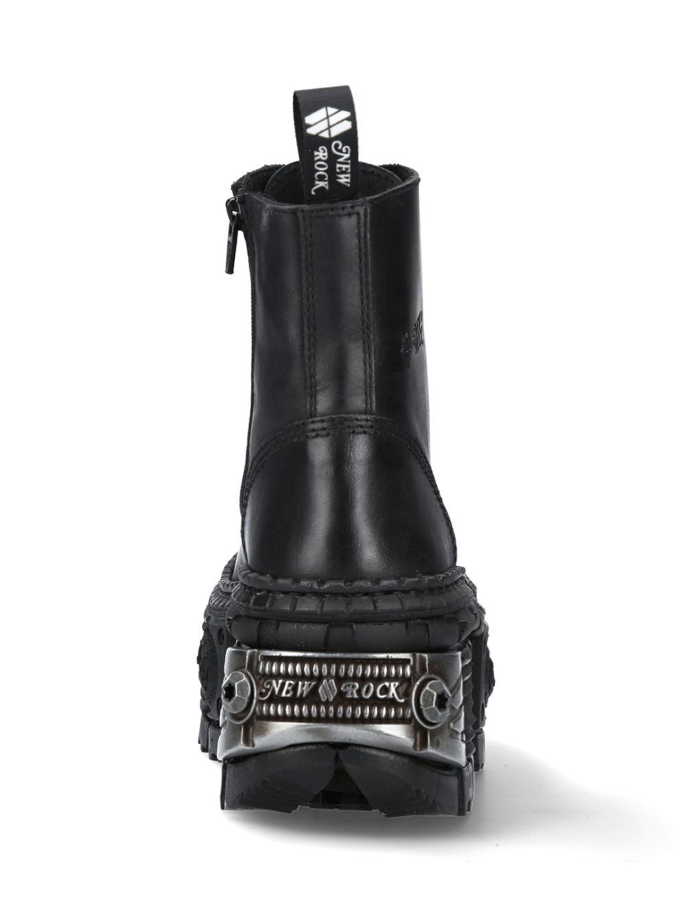 NEW ROCK black ankle boots with metallic gears design, showcasing an industrial look and lace-up closure for unisex fashion.