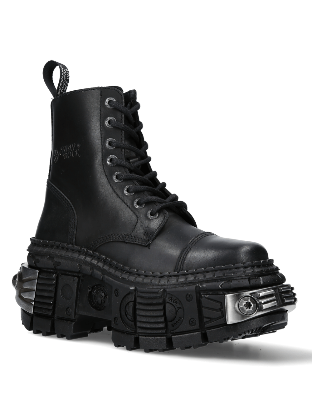 NEW ROCK black ankle boots with metallic gears design and lace-up closure for a rock-inspired urban look.