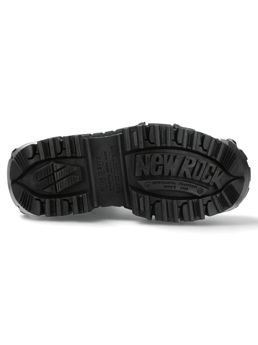 NEW ROCK black ankle boots sole with rugged tread and metal accents, perfect for industrial fashion styles.