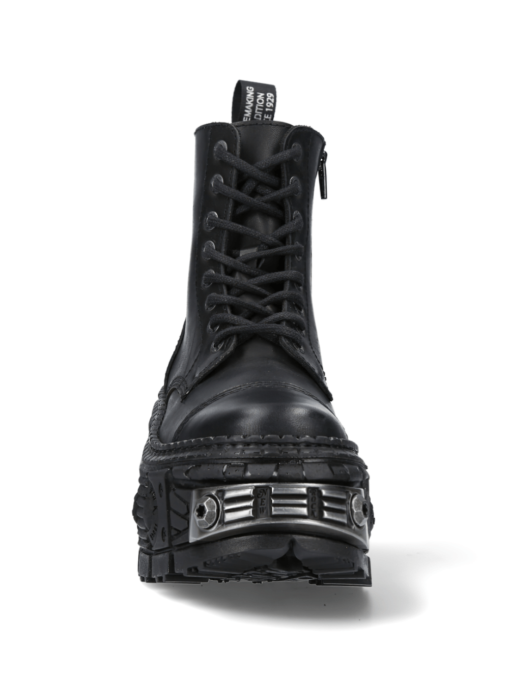 NEW ROCK black ankle boots featuring metallic gears design, lace-up closure, and a bold industrial style.