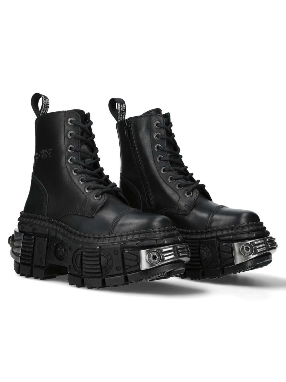 NEW ROCK black ankle boots with metallic gears design, crafted from leather for urban rock fashion.
