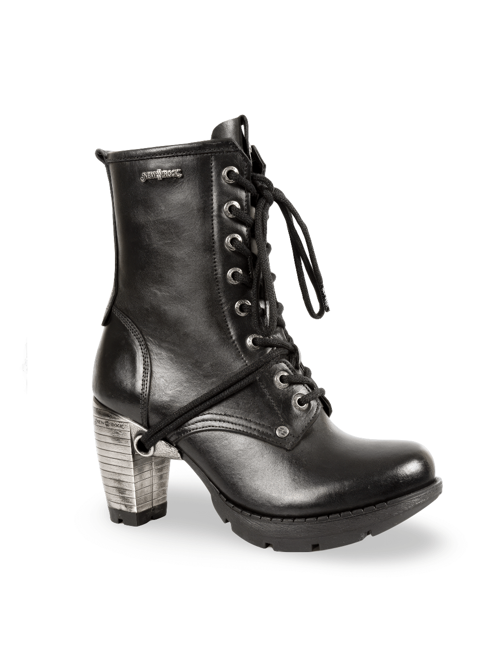 Stylish black ankle boots with metallic heels and laces, combining punk and modern flair.