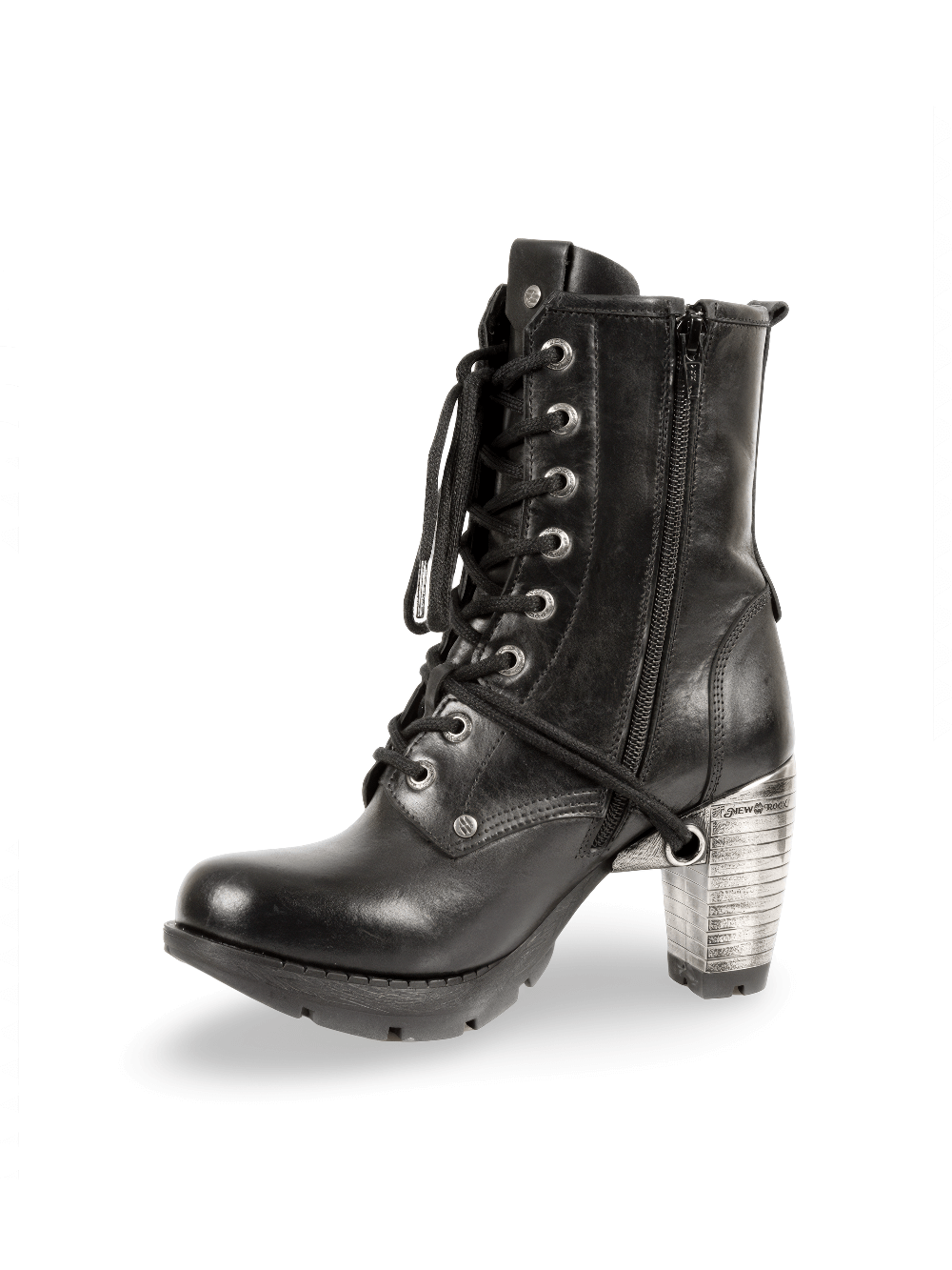 NEW ROCK Stylish Black Ankle Boots with Metallic Heels and Laces for Women, blending punk and modern fashion.