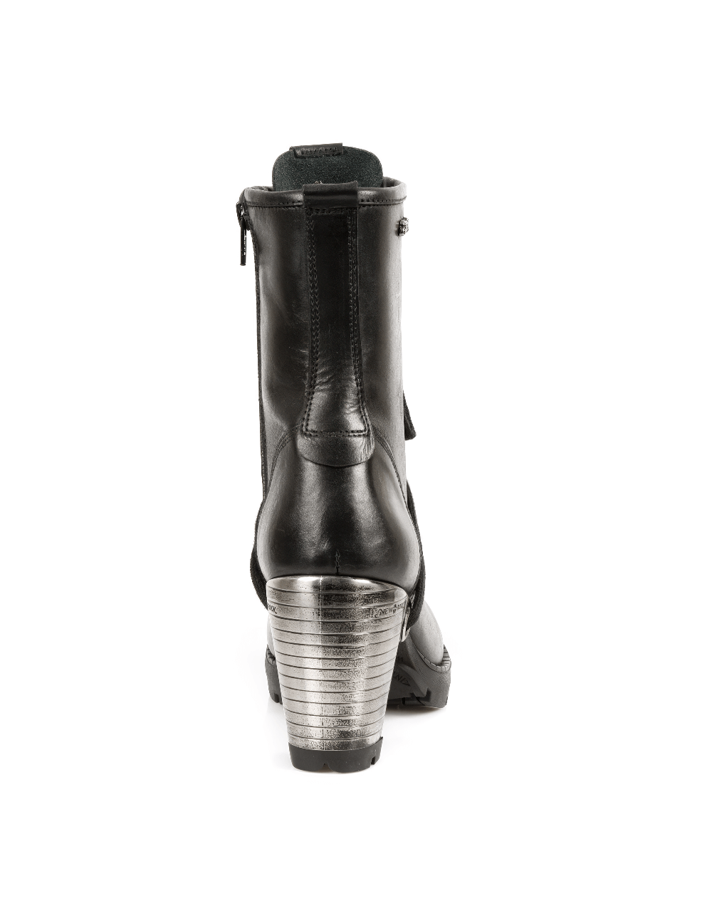 Back view of NEW ROCK black ankle boots featuring metallic heels and laces, perfect for a punk rock fashion statement.