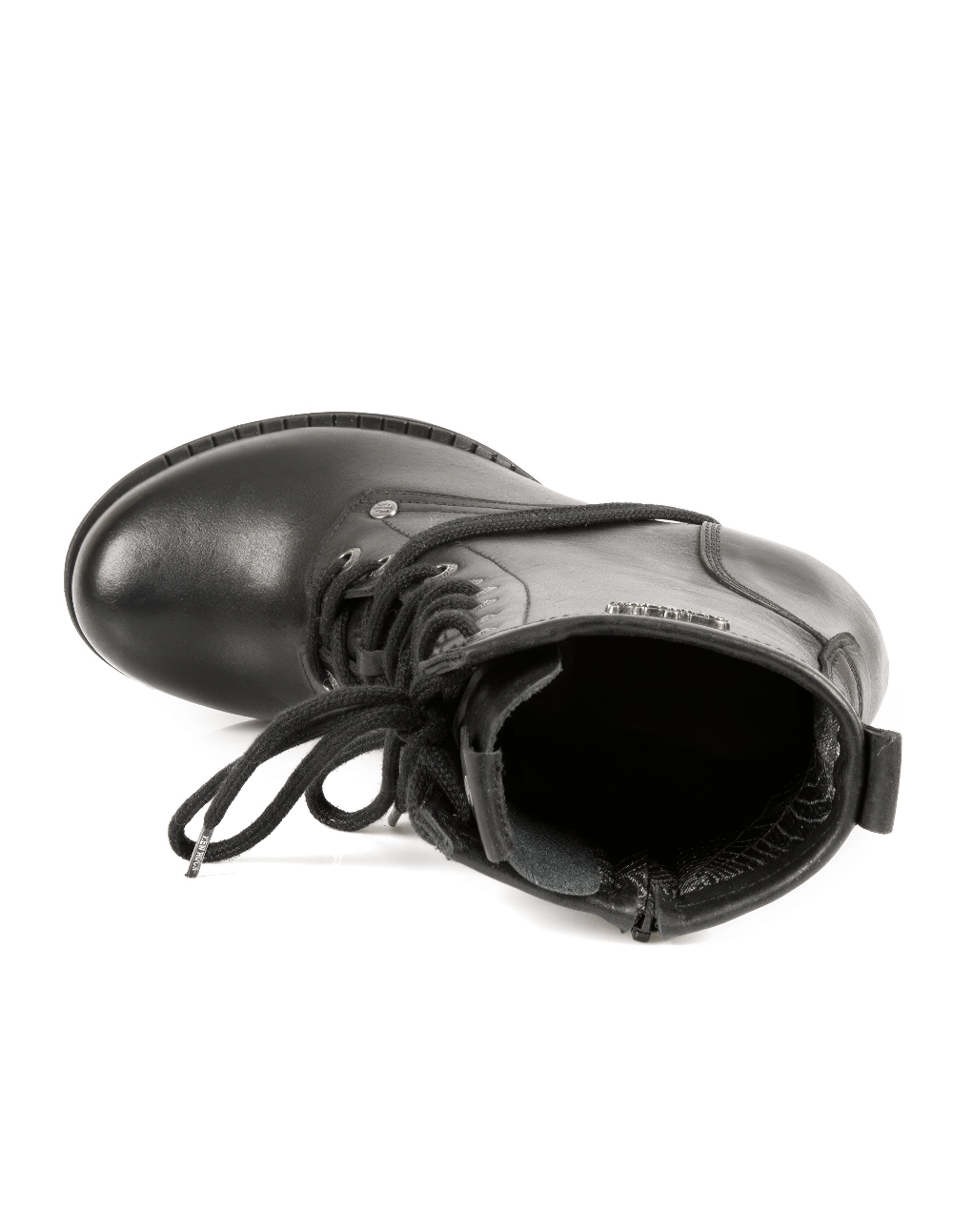 Top view of NEW ROCK black ankle boots featuring metallic details and laces, ideal for punk and rock fashion.