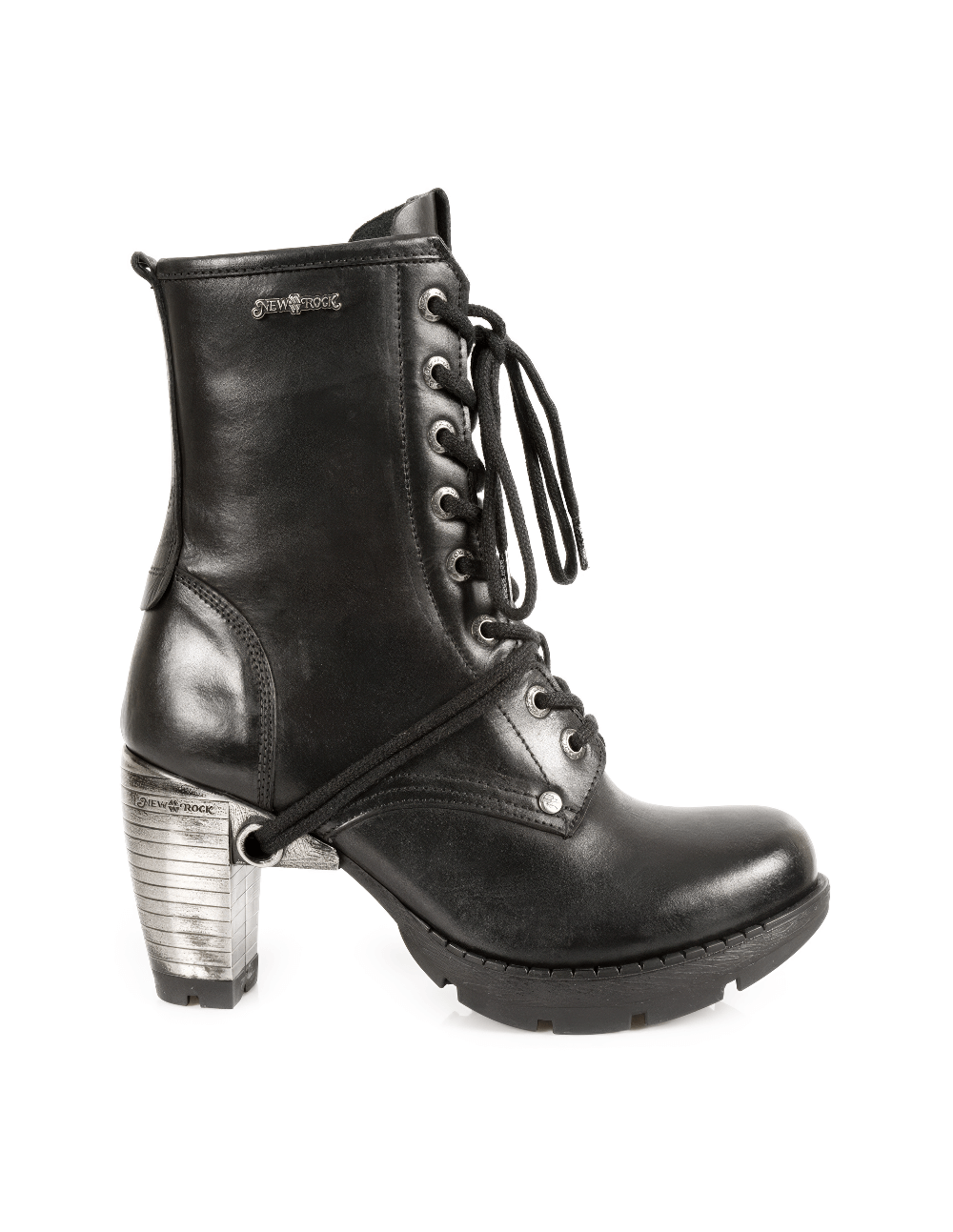 NEW ROCK black ankle boots with metallic heels and laces, featuring a stylish punk design and genuine leather.