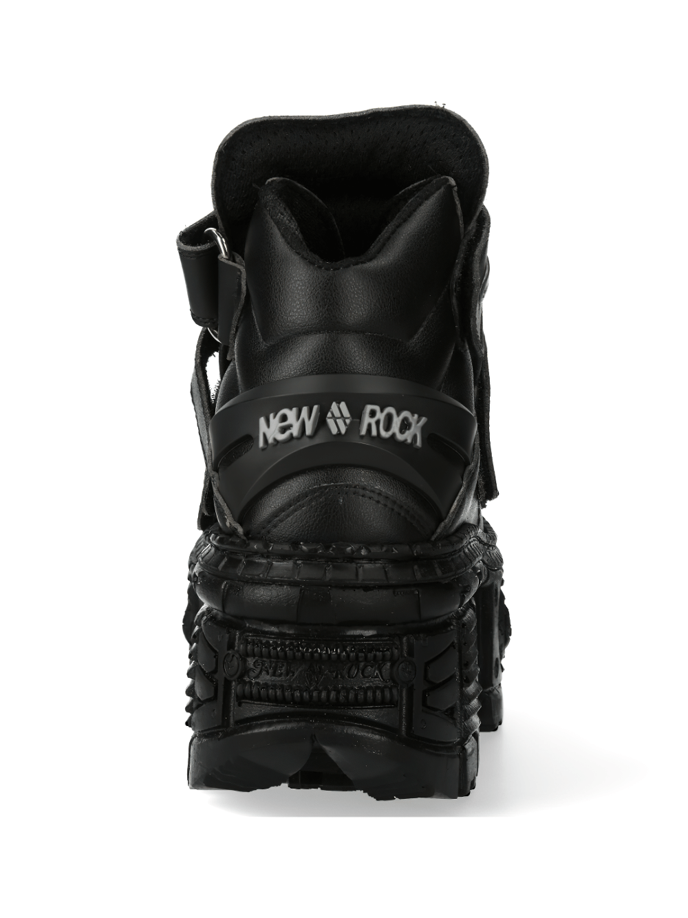 Back view of NEW ROCK black ankle boots with platform and velcro, perfect for gothic punk fashion lovers.