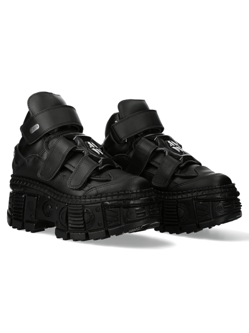 NEW ROCK Damen Schwarze Stiefeletten mit Klettverschluss und Plateau