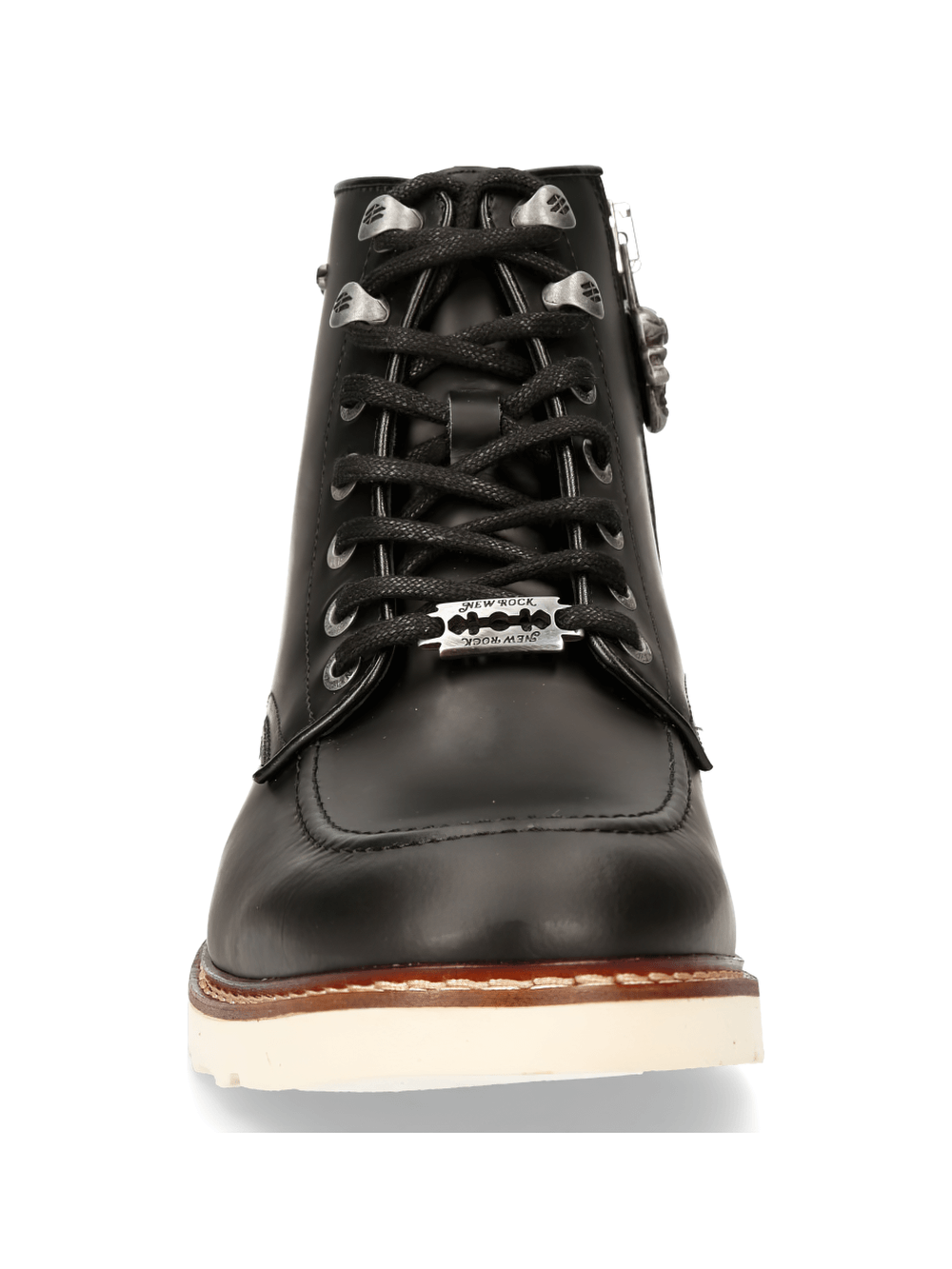 NEW ROCK black ankle boots with zipper and cord lacing, showcasing urban punk style and genuine leather craftsmanship.