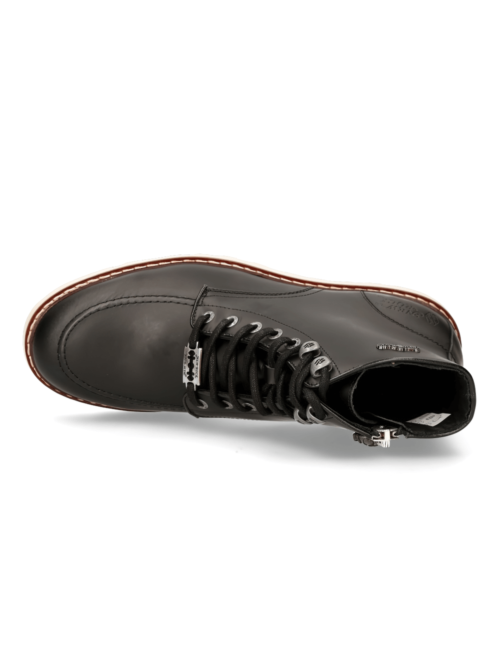 Top view of NEW ROCK Black Ankle Boots with Zipper, featuring stylish cord lacing and a sleek black leather finish.