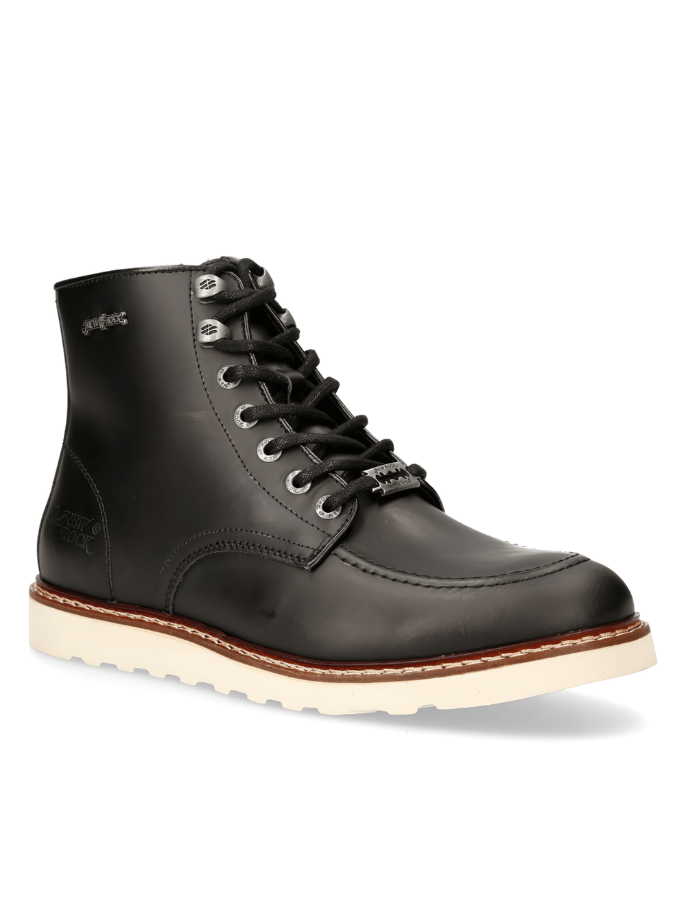 Stylish black ankle boots with white sole and lace-up design, perfect for urban punk fashion.