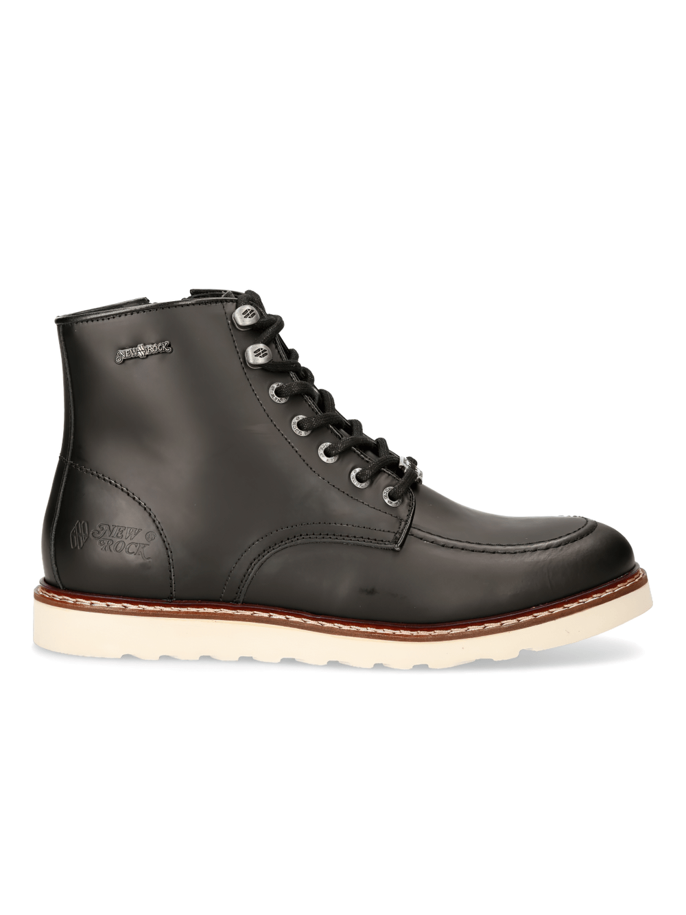 NEW ROCK Black Ankle Boots with zipper, urban punk style in genuine leather and flat rubber sole.