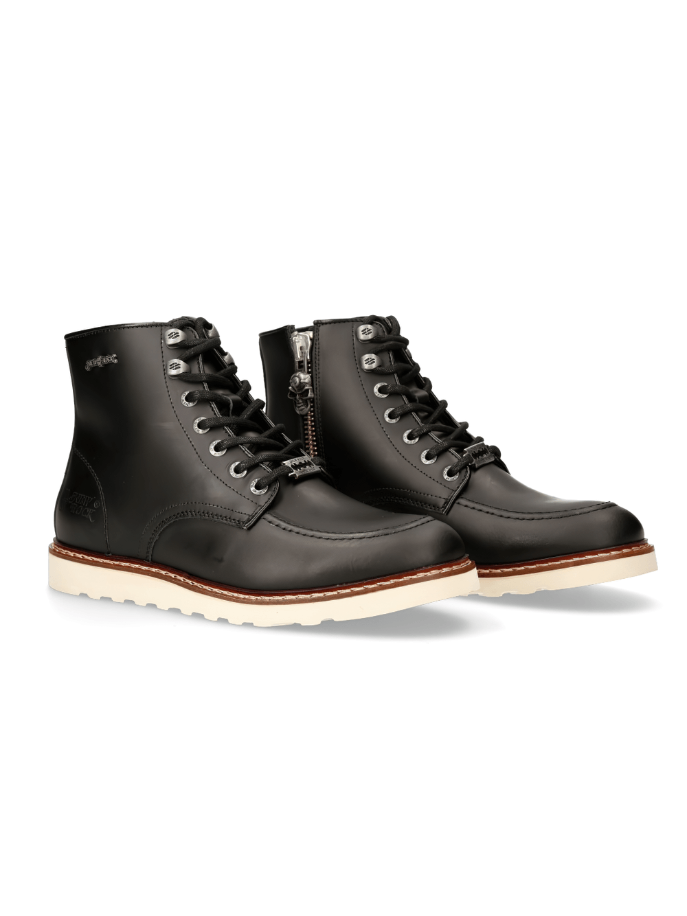 NEW ROCK Black Ankle Boots with Zipper and Cord Lacing, Urban Punk Style, Crafted from Genuine Leather.