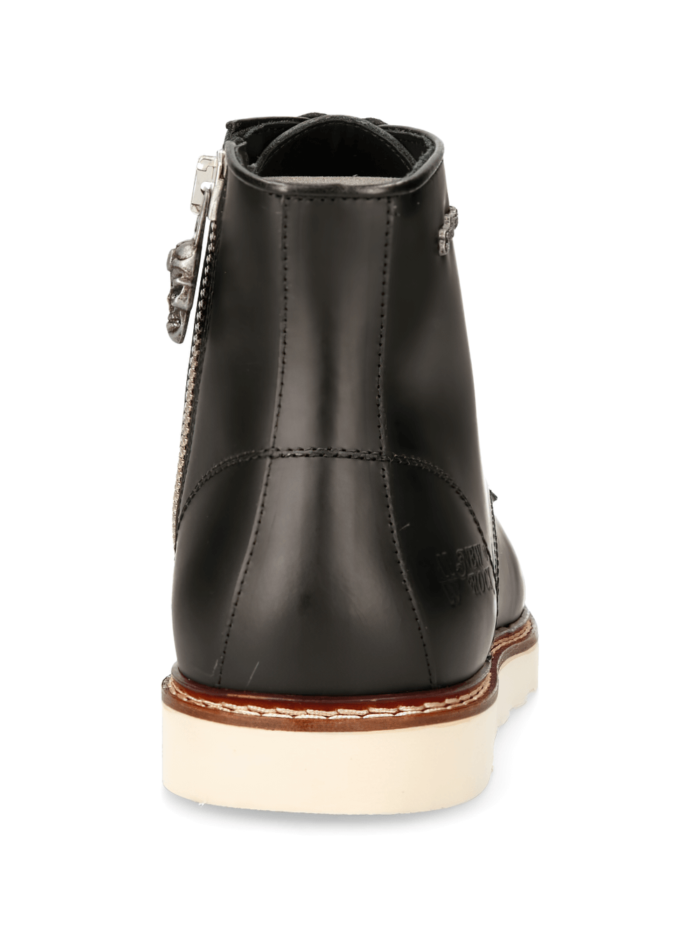 Back view of NEW ROCK black leather ankle boots with zipper, showcasing urban punk style and distinctive flat heel.