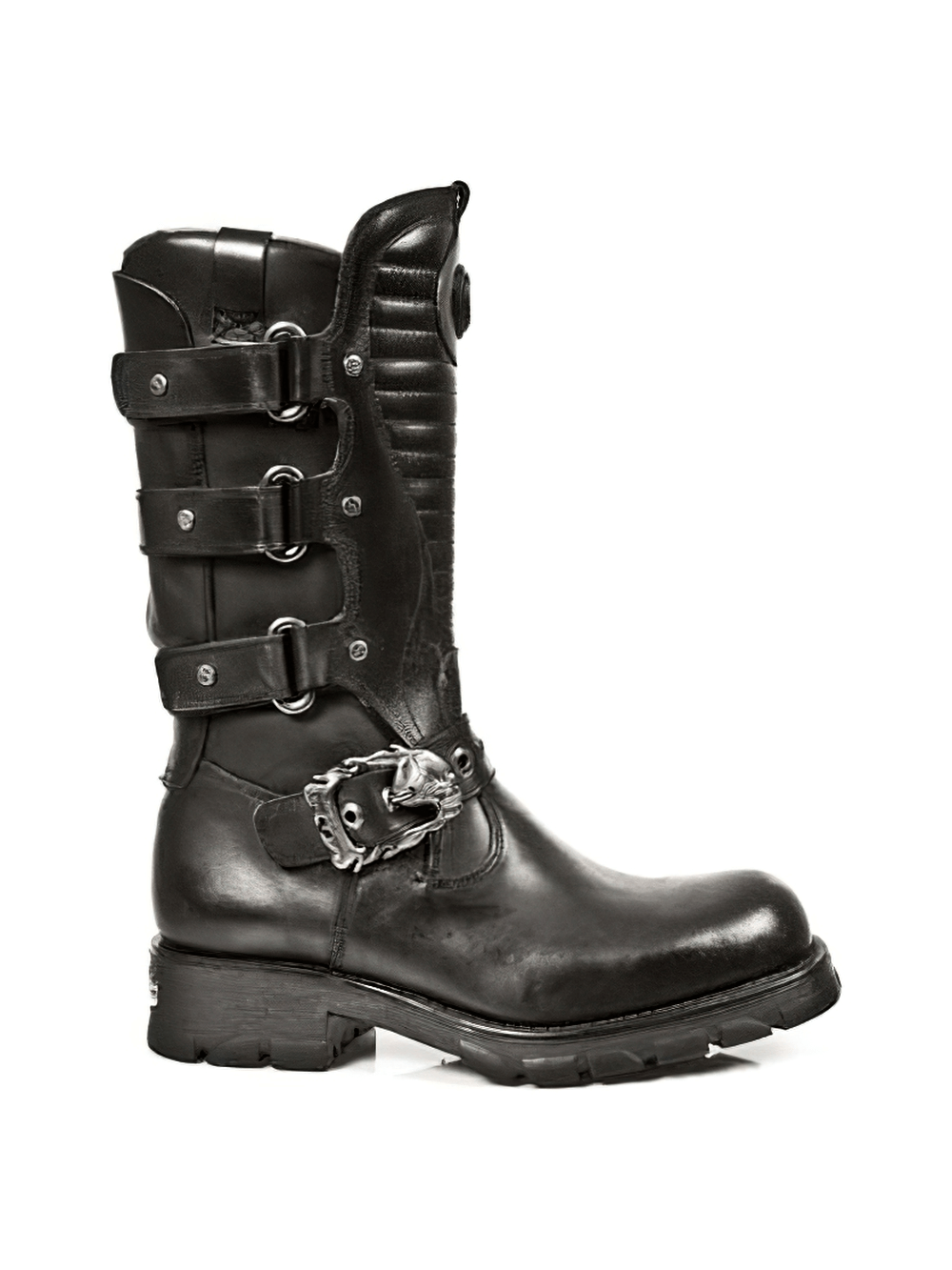 NEW ROCK Men's Black Biker Boots with buckles, crafted in genuine leather for a rugged motorcycle style.