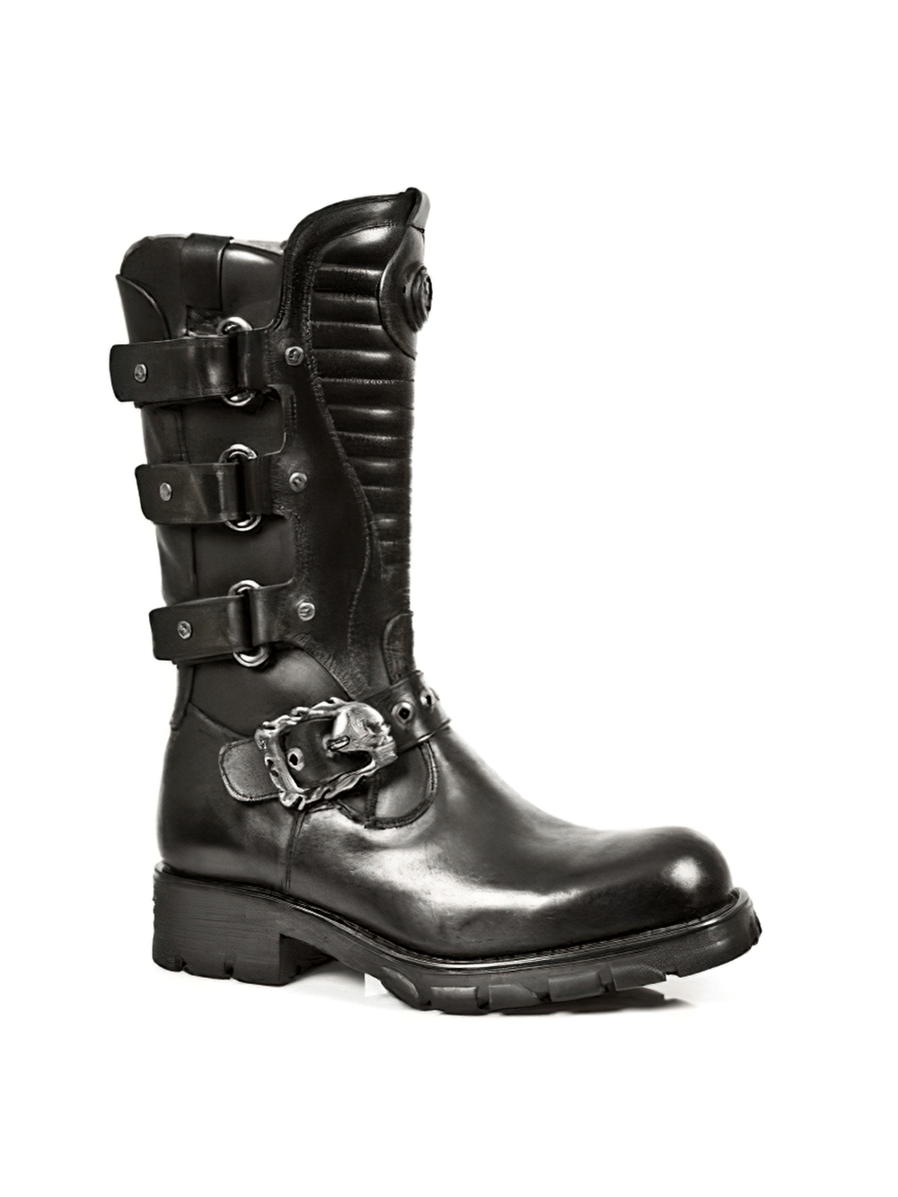 Men's black biker boots with buckles, crafted from genuine leather for a rugged motorcycle aesthetic.