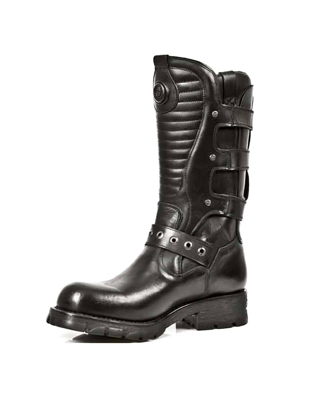 NEW ROCK Men's Black Biker Boots with buckles, crafted from genuine leather for motorcycle enthusiasts.