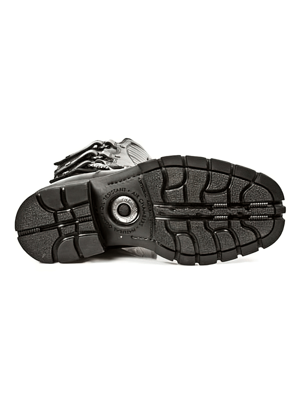 Bottom view of NEW ROCK men's black biker boots showcasing rugged sole and buckles for motorcycle enthusiasts.