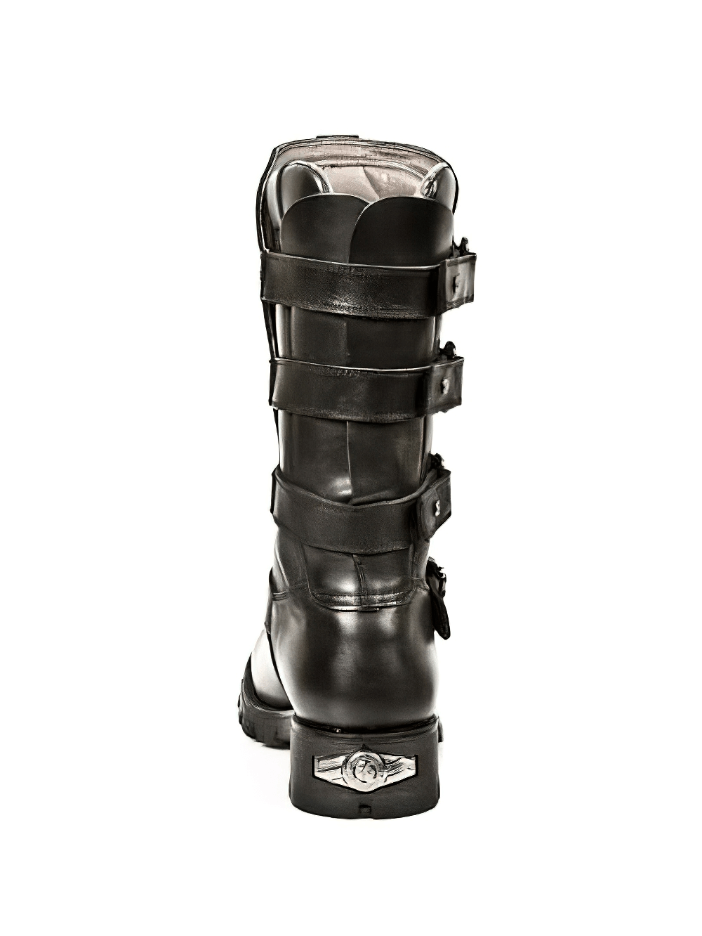 Back view of NEW ROCK Men's Black Biker Boots with buckles, crafted from genuine leather for a rugged motorcycle style.