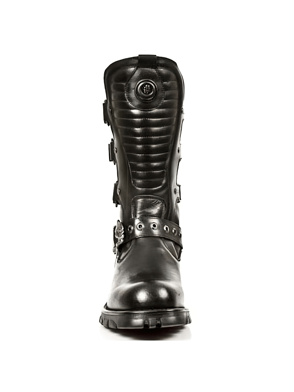 Front view of NEW ROCK Men's Black Biker Boots in genuine leather with buckles and rugged sole, perfect for motorcycle enthusiasts.