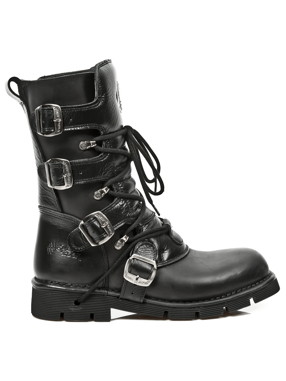 New Rock mid-calf black boots with buckles and laces, showcasing punk rock style and edgy design.