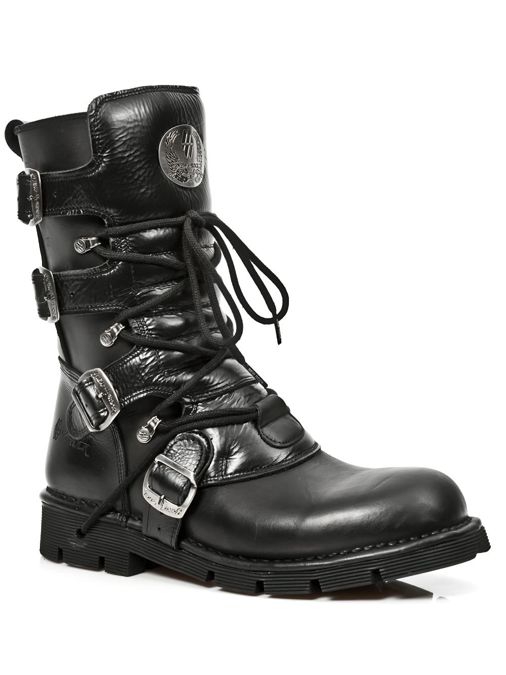 NEW ROCK Black Buckle and Lace-up Mid-Calf Boots